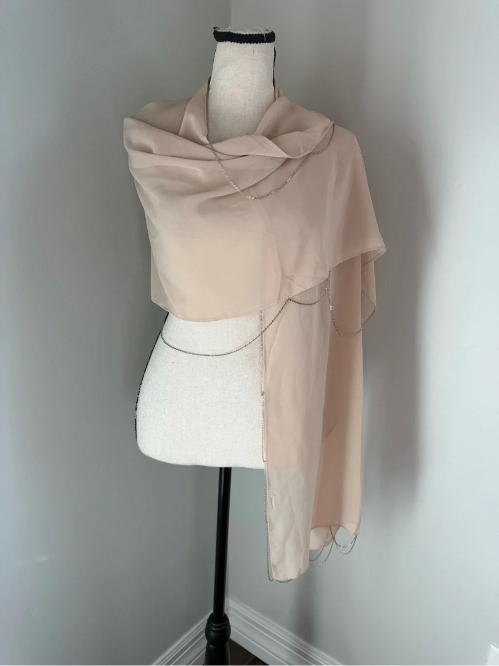 Champagne Beige Sheer Chain Trim Shawl Wrap Cape Wedding Evening Cover Up